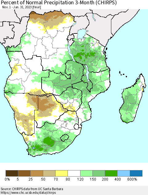 Southern Africa Percent of Normal Precipitation 3-Month (CHIRPS) Thematic Map For 11/1/2022 - 1/31/2023