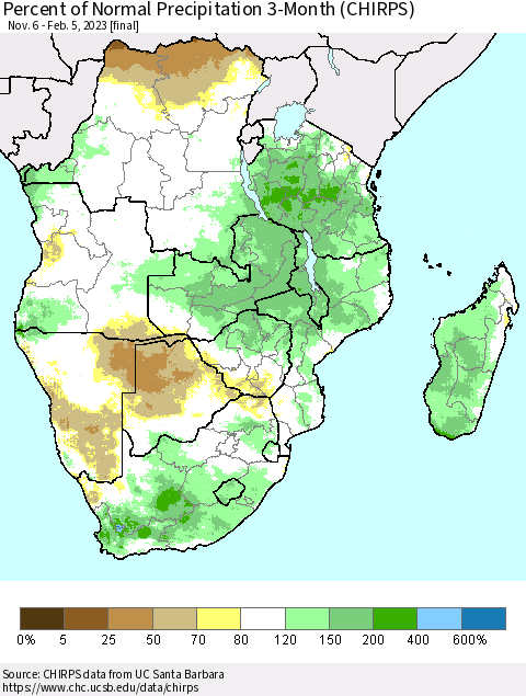 Southern Africa Percent of Normal Precipitation 3-Month (CHIRPS) Thematic Map For 11/6/2022 - 2/5/2023