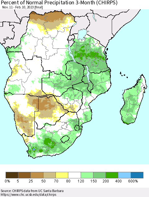 Southern Africa Percent of Normal Precipitation 3-Month (CHIRPS) Thematic Map For 11/11/2022 - 2/10/2023