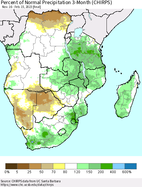 Southern Africa Percent of Normal Precipitation 3-Month (CHIRPS) Thematic Map For 11/16/2022 - 2/15/2023