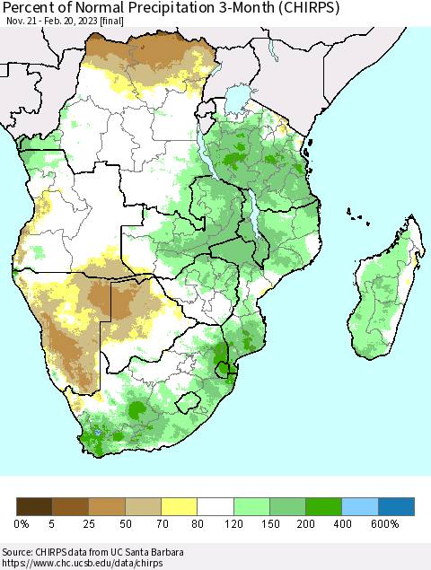 Southern Africa Percent of Normal Precipitation 3-Month (CHIRPS) Thematic Map For 11/21/2022 - 2/20/2023