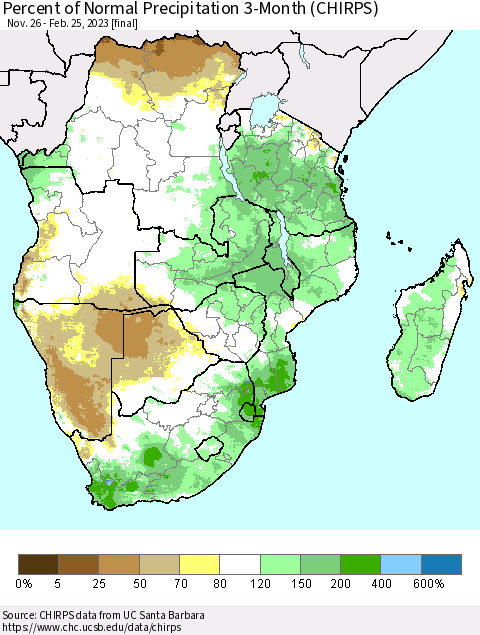 Southern Africa Percent of Normal Precipitation 3-Month (CHIRPS) Thematic Map For 11/26/2022 - 2/25/2023