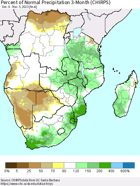 Southern Africa Percent of Normal Precipitation 3-Month (CHIRPS) Thematic Map For 12/6/2022 - 3/5/2023