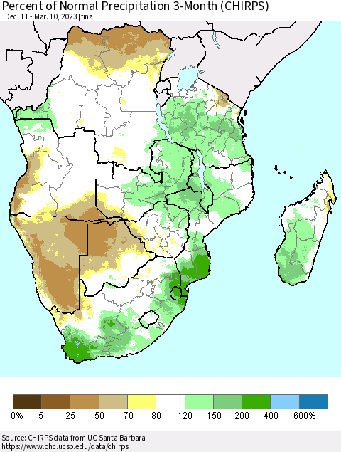Southern Africa Percent of Normal Precipitation 3-Month (CHIRPS) Thematic Map For 12/11/2022 - 3/10/2023