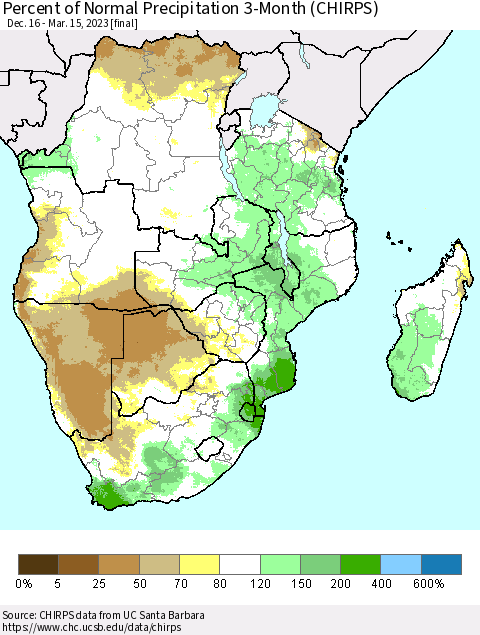 Southern Africa Percent of Normal Precipitation 3-Month (CHIRPS) Thematic Map For 12/16/2022 - 3/15/2023