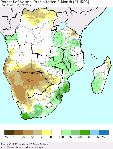 Southern Africa Percent of Normal Precipitation 3-Month (CHIRPS) Thematic Map For 12/21/2022 - 3/20/2023