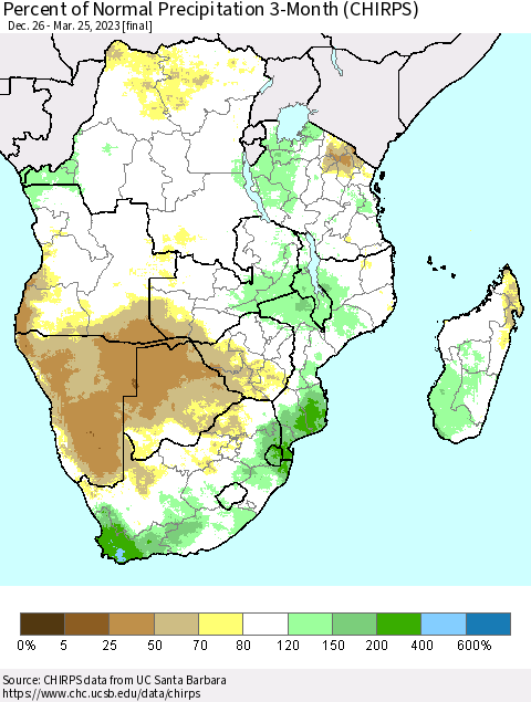 Southern Africa Percent of Normal Precipitation 3-Month (CHIRPS) Thematic Map For 12/26/2022 - 3/25/2023