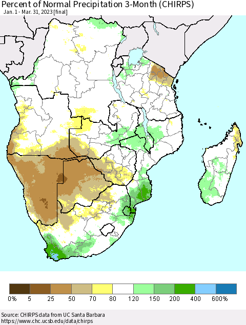 Southern Africa Percent of Normal Precipitation 3-Month (CHIRPS) Thematic Map For 1/1/2023 - 3/31/2023