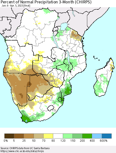 Southern Africa Percent of Normal Precipitation 3-Month (CHIRPS) Thematic Map For 1/6/2023 - 4/5/2023