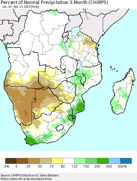 Southern Africa Percent of Normal Precipitation 3-Month (CHIRPS) Thematic Map For 1/16/2023 - 4/15/2023
