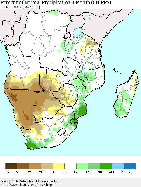 Southern Africa Percent of Normal Precipitation 3-Month (CHIRPS) Thematic Map For 1/21/2023 - 4/20/2023