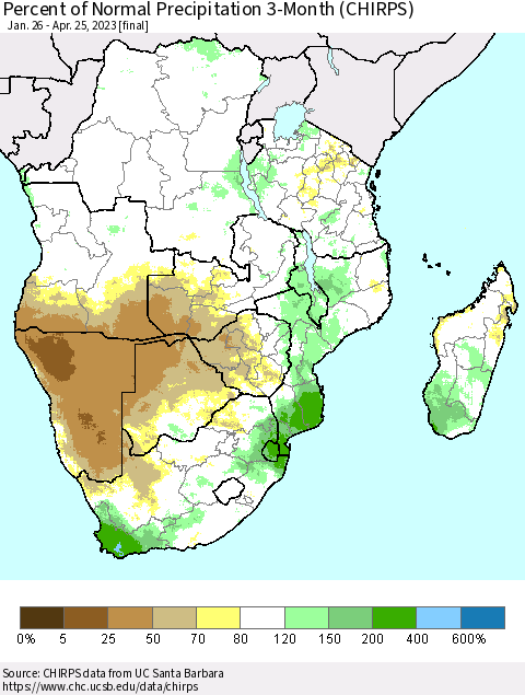 Southern Africa Percent of Normal Precipitation 3-Month (CHIRPS) Thematic Map For 1/26/2023 - 4/25/2023