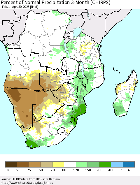 Southern Africa Percent of Normal Precipitation 3-Month (CHIRPS) Thematic Map For 2/1/2023 - 4/30/2023