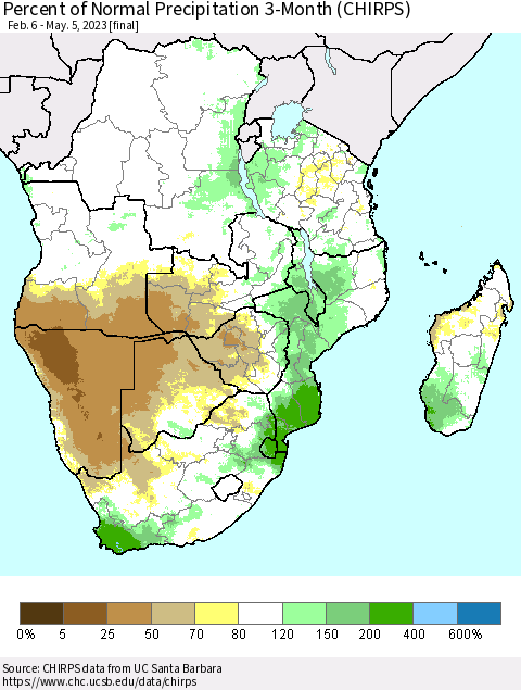 Southern Africa Percent of Normal Precipitation 3-Month (CHIRPS) Thematic Map For 2/6/2023 - 5/5/2023