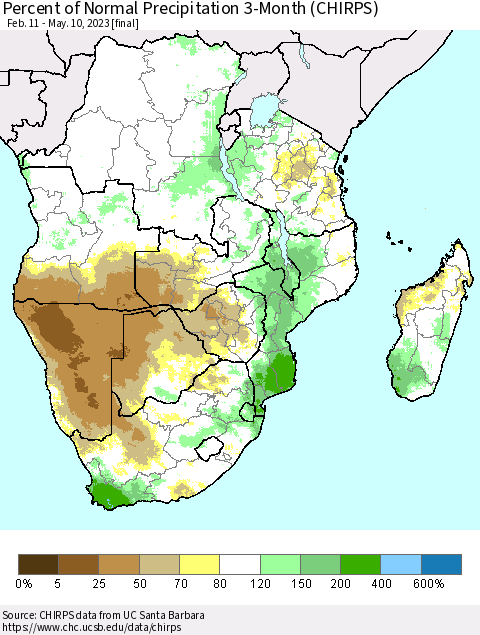 Southern Africa Percent of Normal Precipitation 3-Month (CHIRPS) Thematic Map For 2/11/2023 - 5/10/2023