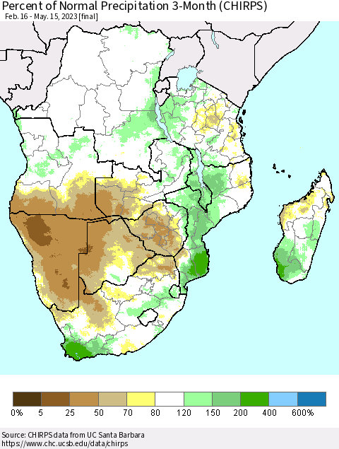 Southern Africa Percent of Normal Precipitation 3-Month (CHIRPS) Thematic Map For 2/16/2023 - 5/15/2023