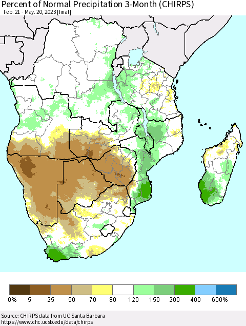 Southern Africa Percent of Normal Precipitation 3-Month (CHIRPS) Thematic Map For 2/21/2023 - 5/20/2023