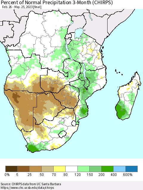 Southern Africa Percent of Normal Precipitation 3-Month (CHIRPS) Thematic Map For 2/26/2023 - 5/25/2023
