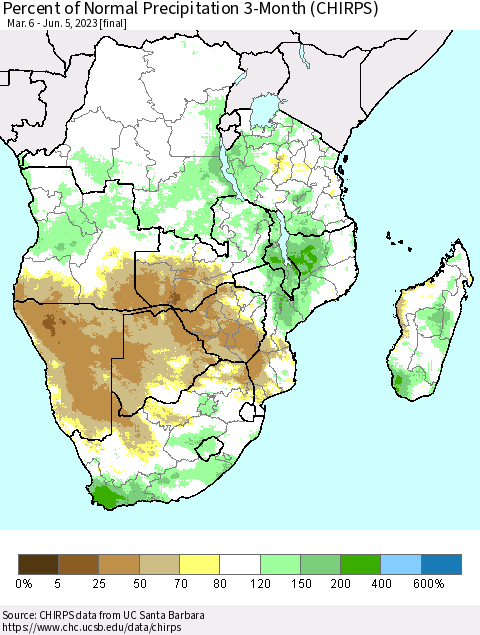 Southern Africa Percent of Normal Precipitation 3-Month (CHIRPS) Thematic Map For 3/6/2023 - 6/5/2023