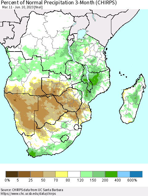 Southern Africa Percent of Normal Precipitation 3-Month (CHIRPS) Thematic Map For 3/11/2023 - 6/10/2023