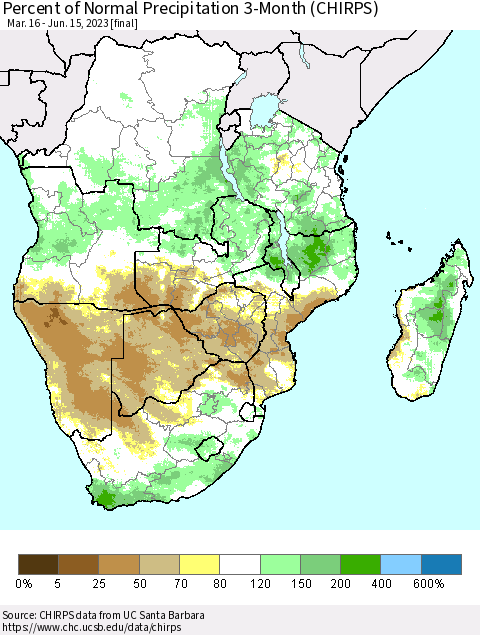 Southern Africa Percent of Normal Precipitation 3-Month (CHIRPS) Thematic Map For 3/16/2023 - 6/15/2023