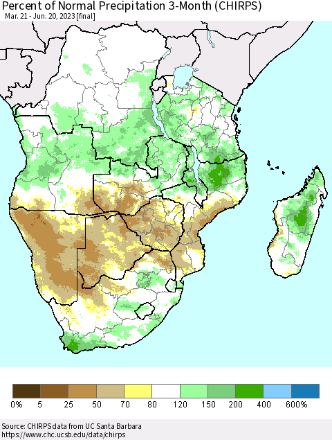Southern Africa Percent of Normal Precipitation 3-Month (CHIRPS) Thematic Map For 3/21/2023 - 6/20/2023