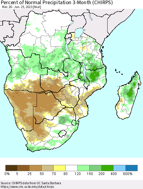 Southern Africa Percent of Normal Precipitation 3-Month (CHIRPS) Thematic Map For 3/26/2023 - 6/25/2023