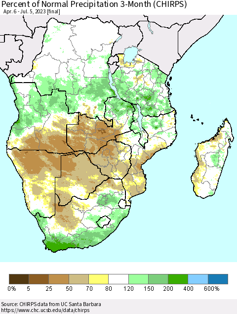 Southern Africa Percent of Normal Precipitation 3-Month (CHIRPS) Thematic Map For 4/6/2023 - 7/5/2023