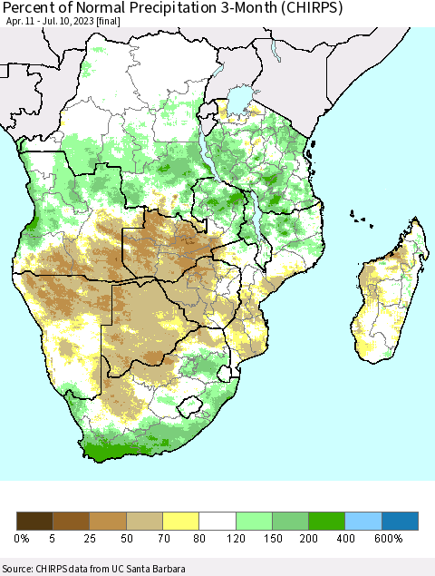 Southern Africa Percent of Normal Precipitation 3-Month (CHIRPS) Thematic Map For 4/11/2023 - 7/10/2023