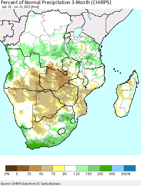 Southern Africa Percent of Normal Precipitation 3-Month (CHIRPS) Thematic Map For 4/16/2023 - 7/15/2023