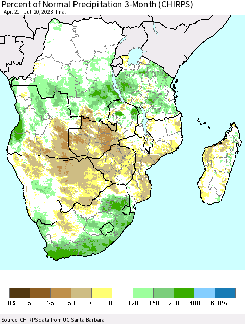 Southern Africa Percent of Normal Precipitation 3-Month (CHIRPS) Thematic Map For 4/21/2023 - 7/20/2023