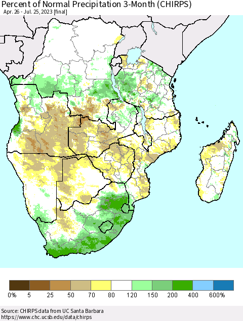 Southern Africa Percent of Normal Precipitation 3-Month (CHIRPS) Thematic Map For 4/26/2023 - 7/25/2023