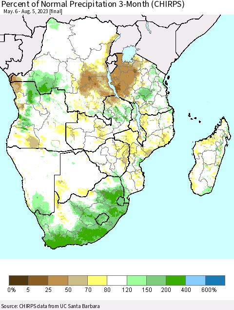 Southern Africa Percent of Normal Precipitation 3-Month (CHIRPS) Thematic Map For 5/6/2023 - 8/5/2023