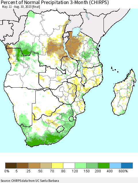 Southern Africa Percent of Normal Precipitation 3-Month (CHIRPS) Thematic Map For 5/11/2023 - 8/10/2023
