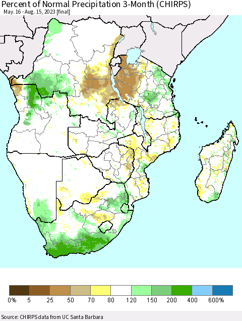 Southern Africa Percent of Normal Precipitation 3-Month (CHIRPS) Thematic Map For 5/16/2023 - 8/15/2023