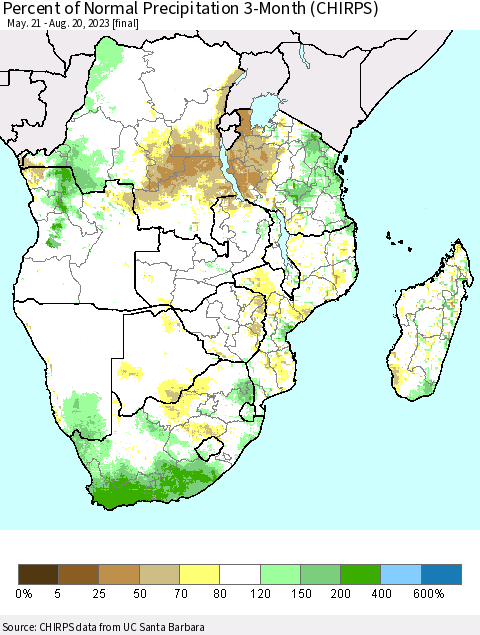 Southern Africa Percent of Normal Precipitation 3-Month (CHIRPS) Thematic Map For 5/21/2023 - 8/20/2023