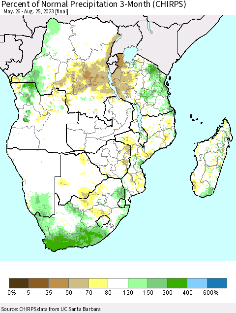 Southern Africa Percent of Normal Precipitation 3-Month (CHIRPS) Thematic Map For 5/26/2023 - 8/25/2023