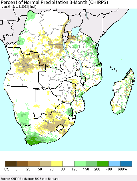 Southern Africa Percent of Normal Precipitation 3-Month (CHIRPS) Thematic Map For 6/6/2023 - 9/5/2023