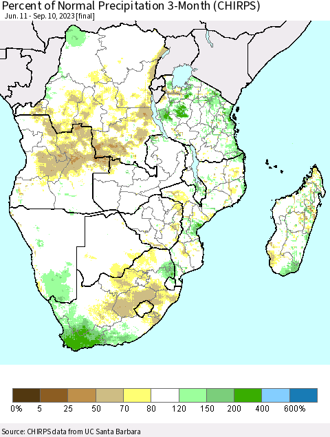 Southern Africa Percent of Normal Precipitation 3-Month (CHIRPS) Thematic Map For 6/11/2023 - 9/10/2023