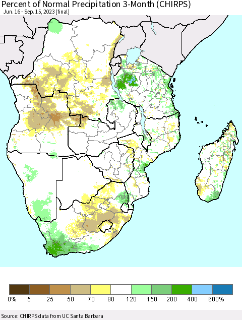 Southern Africa Percent of Normal Precipitation 3-Month (CHIRPS) Thematic Map For 6/16/2023 - 9/15/2023