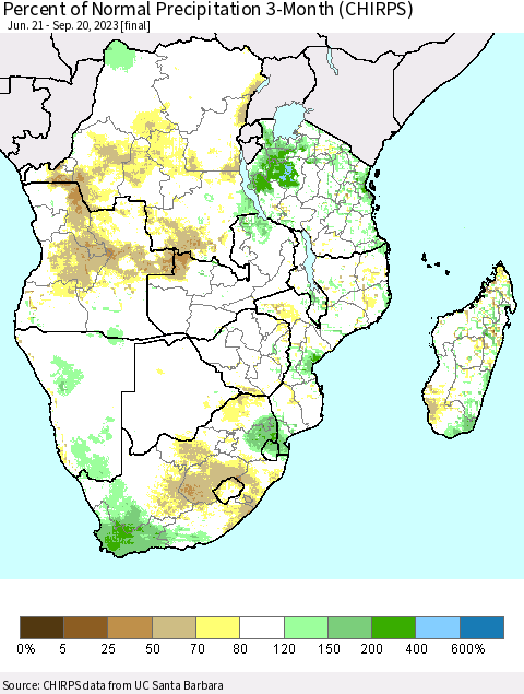 Southern Africa Percent of Normal Precipitation 3-Month (CHIRPS) Thematic Map For 6/21/2023 - 9/20/2023