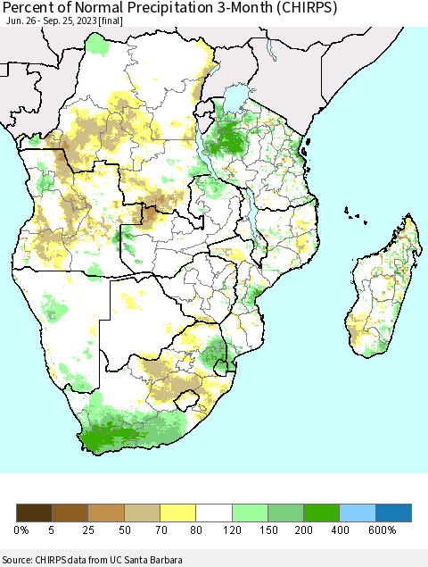 Southern Africa Percent of Normal Precipitation 3-Month (CHIRPS) Thematic Map For 6/26/2023 - 9/25/2023