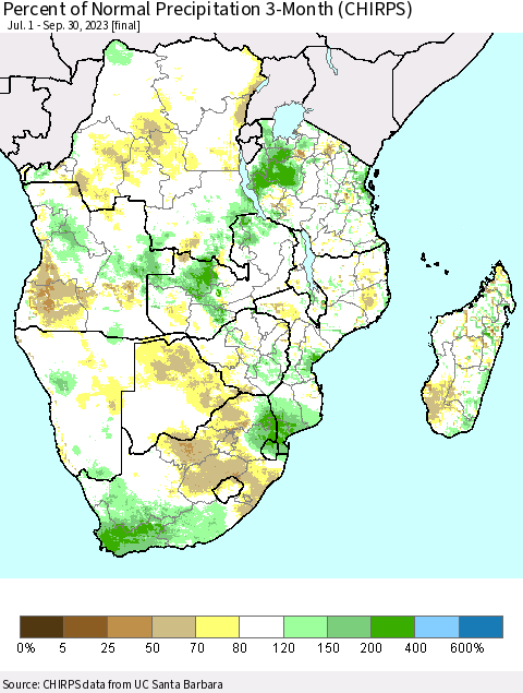 Southern Africa Percent of Normal Precipitation 3-Month (CHIRPS) Thematic Map For 7/1/2023 - 9/30/2023