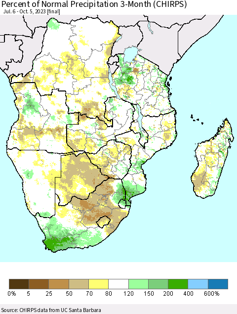 Southern Africa Percent of Normal Precipitation 3-Month (CHIRPS) Thematic Map For 7/6/2023 - 10/5/2023