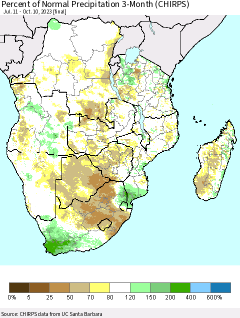 Southern Africa Percent of Normal Precipitation 3-Month (CHIRPS) Thematic Map For 7/11/2023 - 10/10/2023