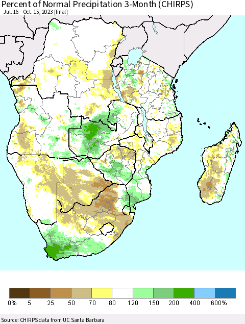 Southern Africa Percent of Normal Precipitation 3-Month (CHIRPS) Thematic Map For 7/16/2023 - 10/15/2023
