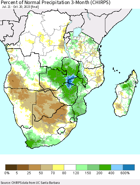 Southern Africa Percent of Normal Precipitation 3-Month (CHIRPS) Thematic Map For 7/21/2023 - 10/20/2023