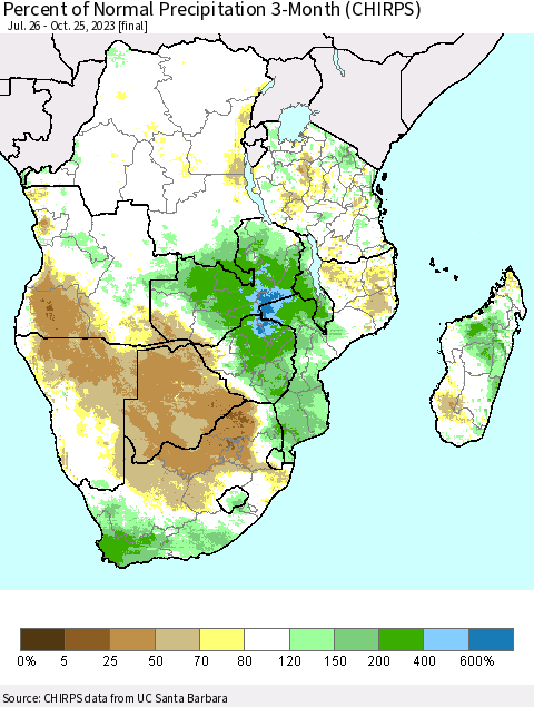 Southern Africa Percent of Normal Precipitation 3-Month (CHIRPS) Thematic Map For 7/26/2023 - 10/25/2023