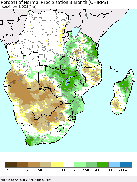 Southern Africa Percent of Normal Precipitation 3-Month (CHIRPS) Thematic Map For 8/6/2023 - 11/5/2023