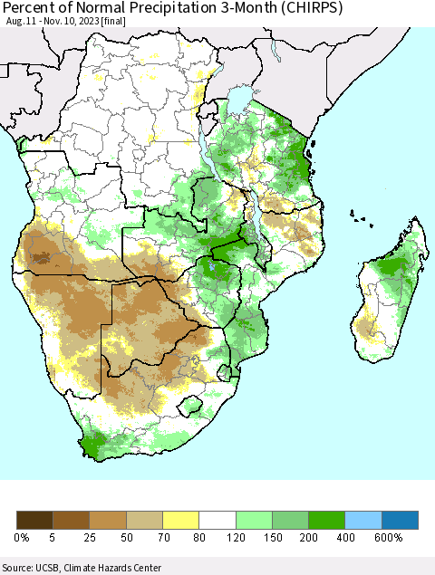 Southern Africa Percent of Normal Precipitation 3-Month (CHIRPS) Thematic Map For 8/11/2023 - 11/10/2023